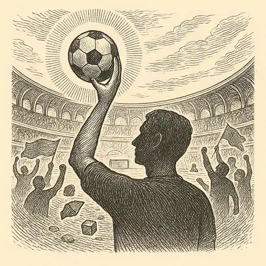 Ilustración editorial en grabado sobre el fútbol como liturgia pagana, con jugador levantando el balón ante una multitud devota