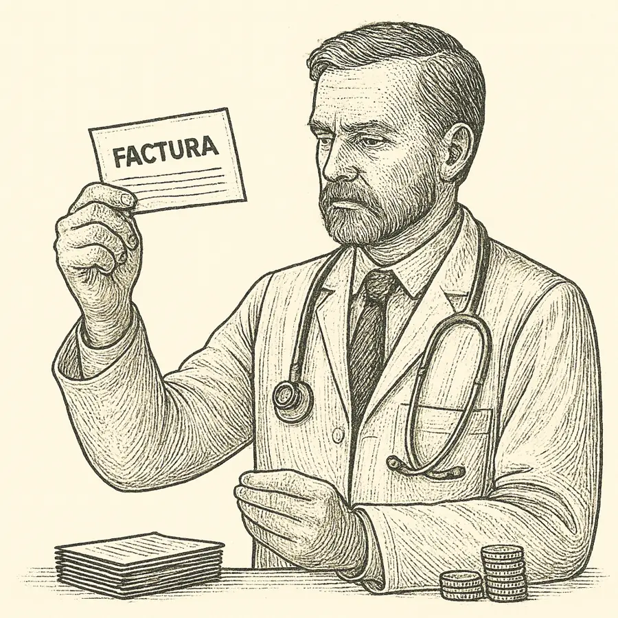 Gasto público en sanidad: lo que me cuesta aceptar Médico analiza una factura junto a monedas, símbolo del gasto público en sanidad.
