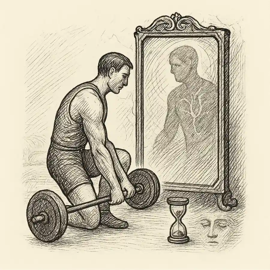 El gimnasio como espejo del carácter Ilustración que representa el gimnasio como espejo del carácter, donde el esfuerzo físico revela la fortaleza interior y la reflexión personal.