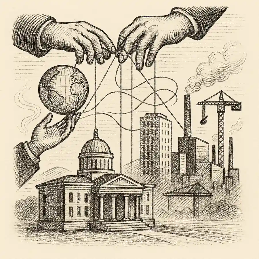 Ilustración editorial en grabado sobre el Gobierno paralelo de empresas, con manos que mueven hilos sobre edificios de poder y fábricas
