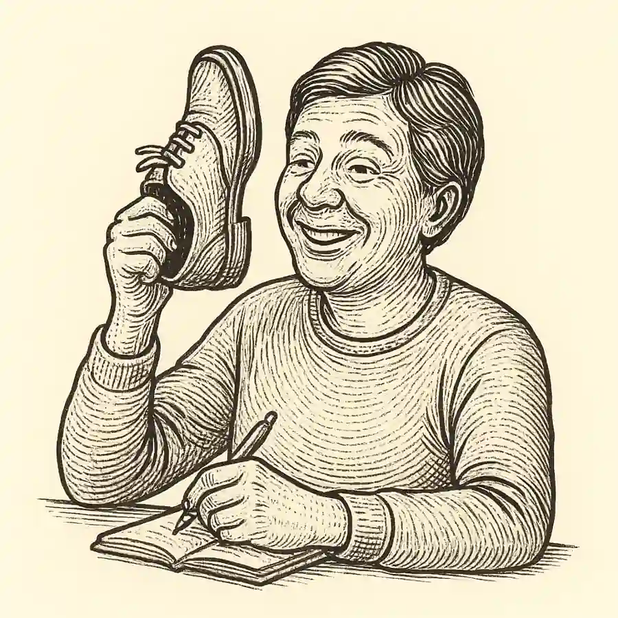Persona riendo mientras realiza un hábito extraño, símbolo del humor y la naturalidad ante lo inusual.