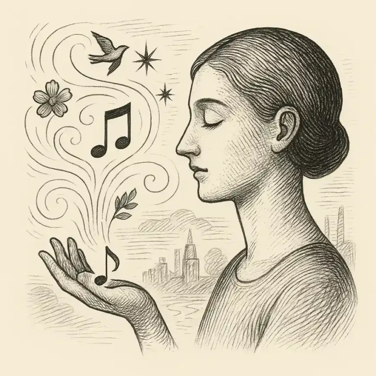 Ilustración editorial en grabado que representa algo mágico en la música con una mujer sosteniendo notas musicales y elementos naturales