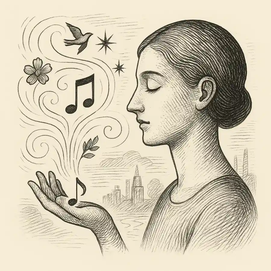 Hay algo mágico en la música: armonía entre arte y emoción Ilustración editorial en grabado que representa algo mágico en la música con una mujer sosteniendo notas musicales y elementos naturales