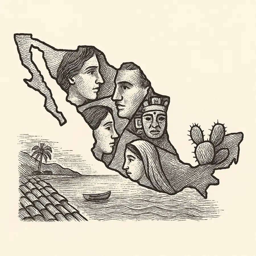 Identidad partida en varios Méxicos Mapa de México fragmentado con rostros y motivos culturales distintos