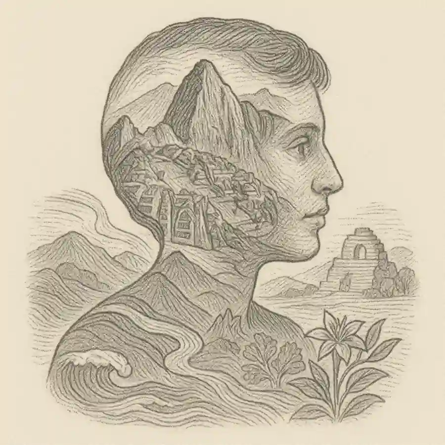 Ilustración grabada de un rostro con paisajes del Perú integrados en su interior