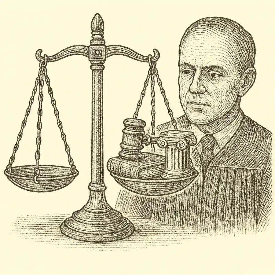 Balanza de justicia y juez como símbolo de la independencia judicial según un criterio conservador.