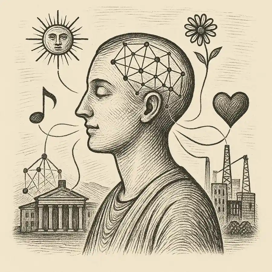 Ilustración editorial en grabado que representa la inteligencia extrema como equilibrio entre razón y felicidad