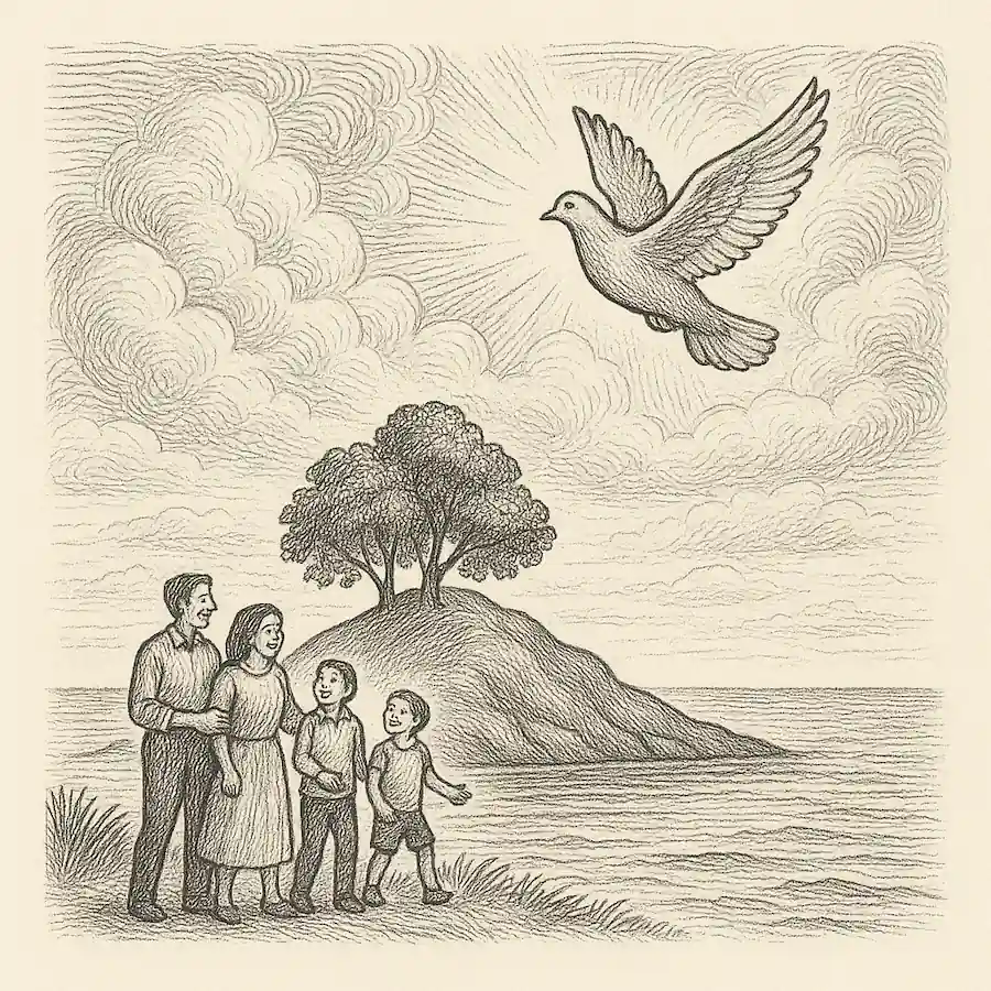 Isla pacifista y vida sin miedo Ilustración editorial de isla pacifista con familia feliz y paloma volando
