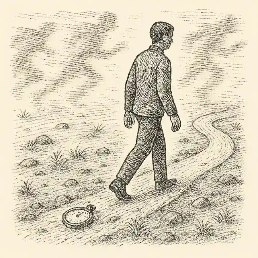 La belleza de llegar último sin prisa Ilustración editorial en grabado: persona caminando despacio por un sendero mientras el tiempo y las figuras apresuradas quedan atrás