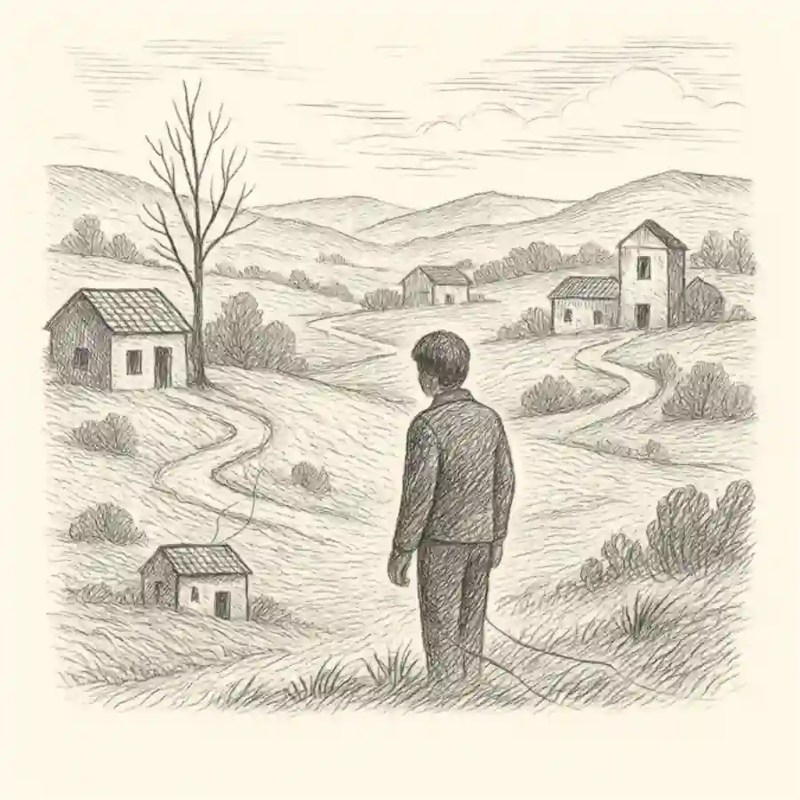 La España vaciada como metáfora personal Ilustración grabada de una figura solitaria en un paisaje rural despoblado