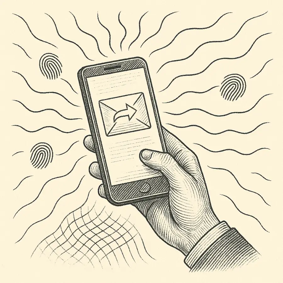Ilustración editorial en grabado: mano sosteniendo teléfono desde el que se envía mensaje con ramificaciones digitales