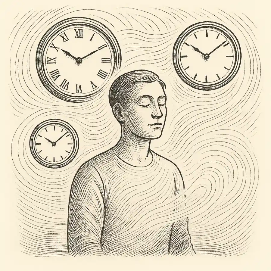 Ilustración en blanco y negro de una persona en calma rodeada de relojes detenidos