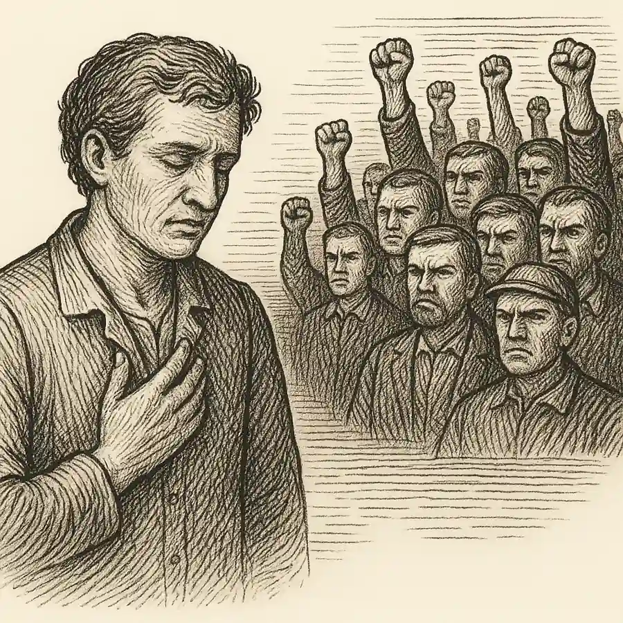 Por qué las personas se radicalizan al sentirse parte de un grupo Grabado en blanco y negro que representa cómo las personas se radicalizan al buscar refugio emocional en un grupo, perdiendo su individualidad.