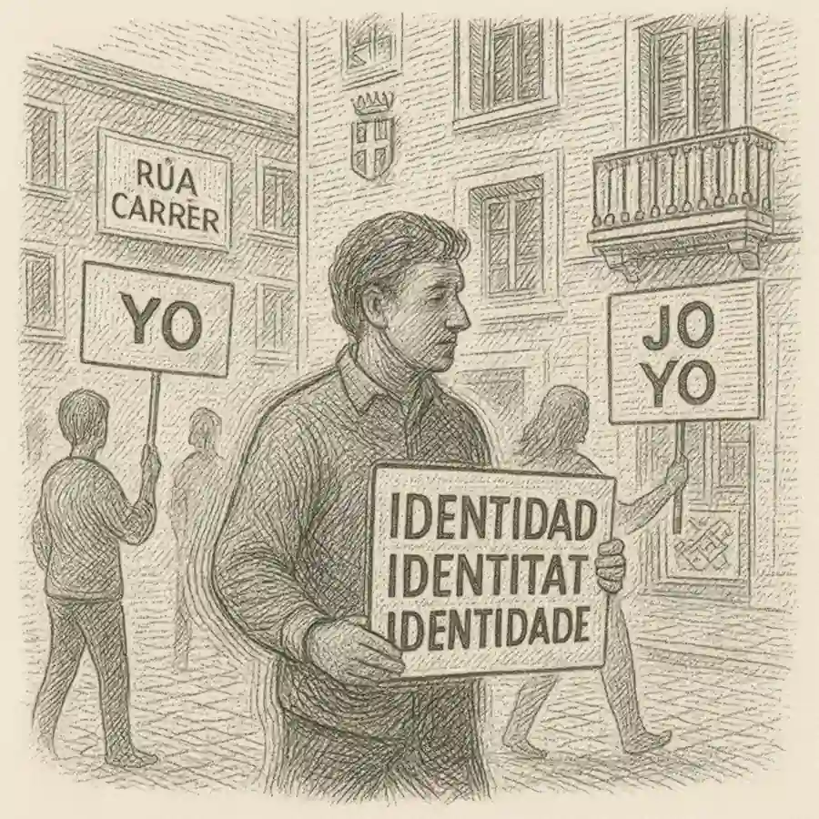 Ilustración grabada de personas con carteles en distintas lenguas que reflejan una identidad cambiante