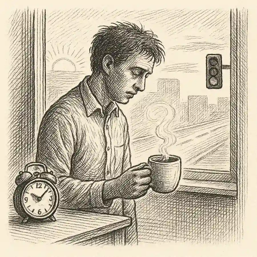 Lunes existencial y sus paradojas Hombre cansado sosteniendo una taza de café frente a la ventana, símbolo del vacío existencial del lunes.
