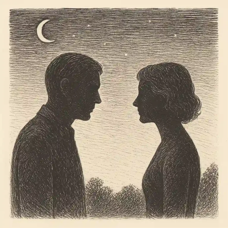Dos personas se miran en silencio bajo la luna, como si compartieran un sueño del que no recuerdan despertar.