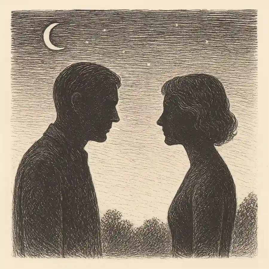 Me intriga si alguna vez soñé contigo Dos personas se miran en silencio bajo la luna, como si compartieran un sueño del que no recuerdan despertar.