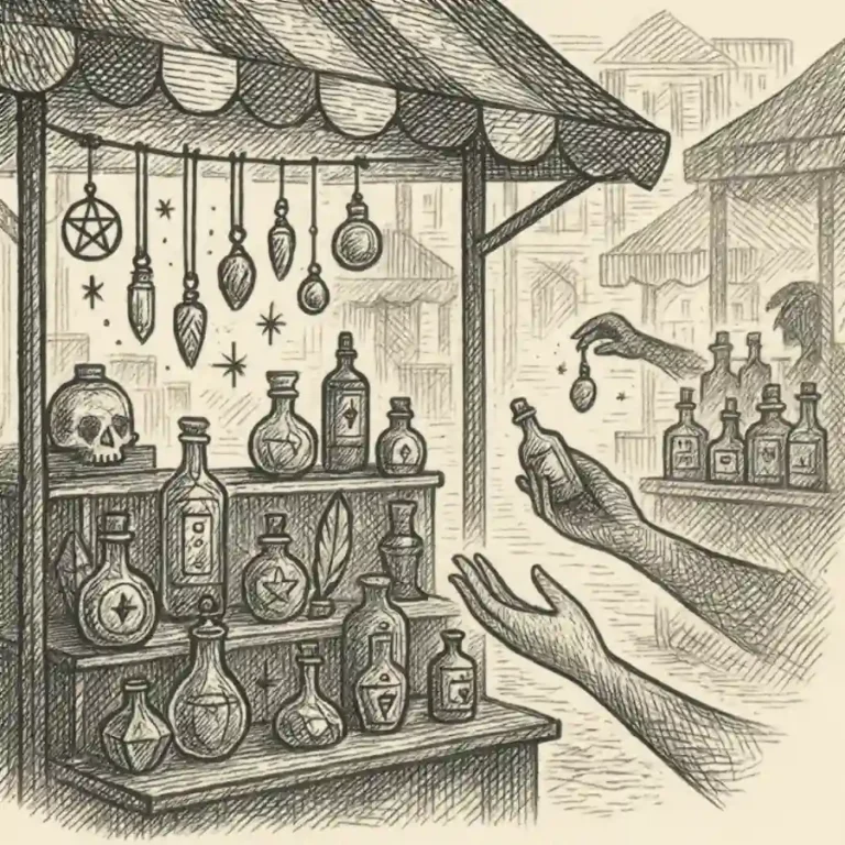 Ilustración grabada de un mercado con objetos mágicos y amuletos protectores