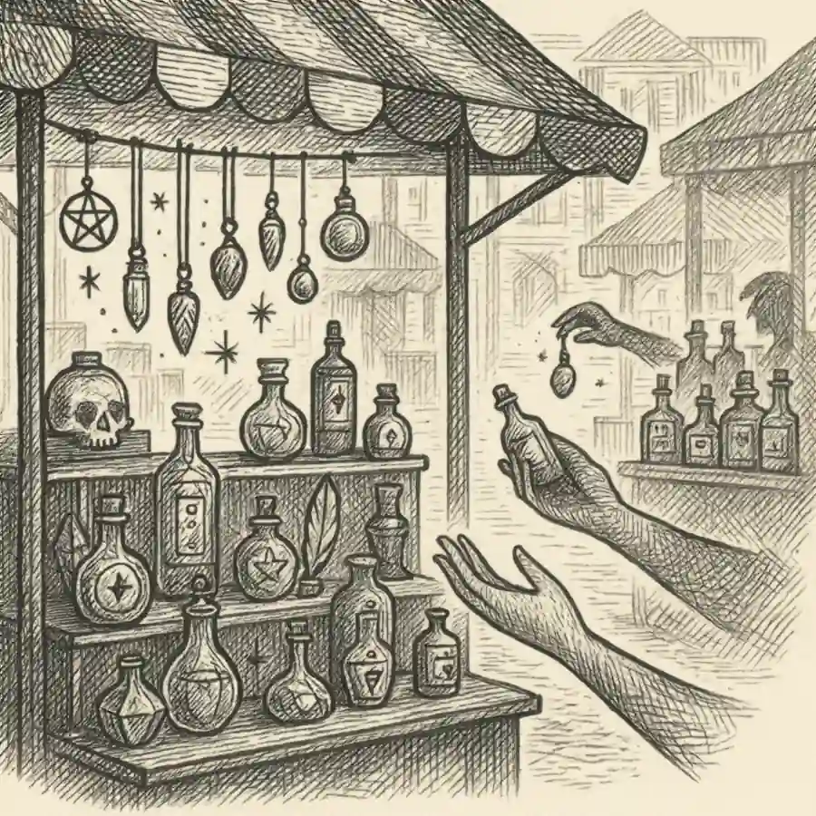 Mercado de hechicería: objetos que me cuidan Ilustración grabada de un mercado con objetos mágicos y amuletos protectores