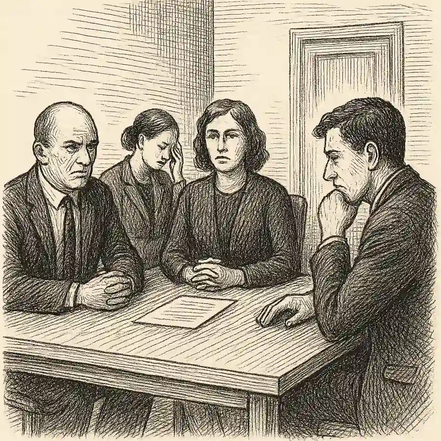 Microconfesiones de reuniones incómodas Personas reunidas en una mesa con expresiones tensas, símbolo de las confesiones que flotan en el silencio.