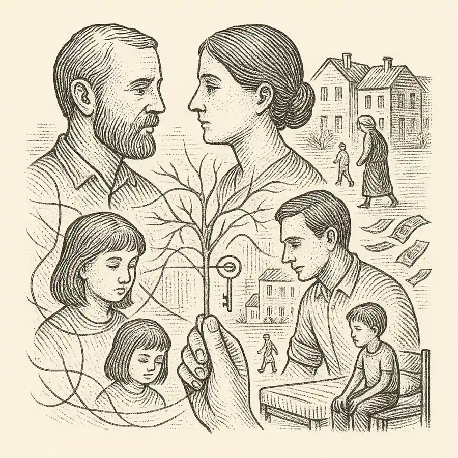 El modelo de familia conservador y su impacto silencioso Ilustración que representa el modelo de familia conservador como una red silenciosa de apoyo y equilibrio cotidiano.
