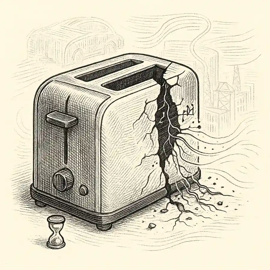 Obsolescencia programada: el desgaste invisible Ilustración editorial en grabado sobre la obsolescencia programada, con un dispositivo agrietado y un reloj de arena junto a él