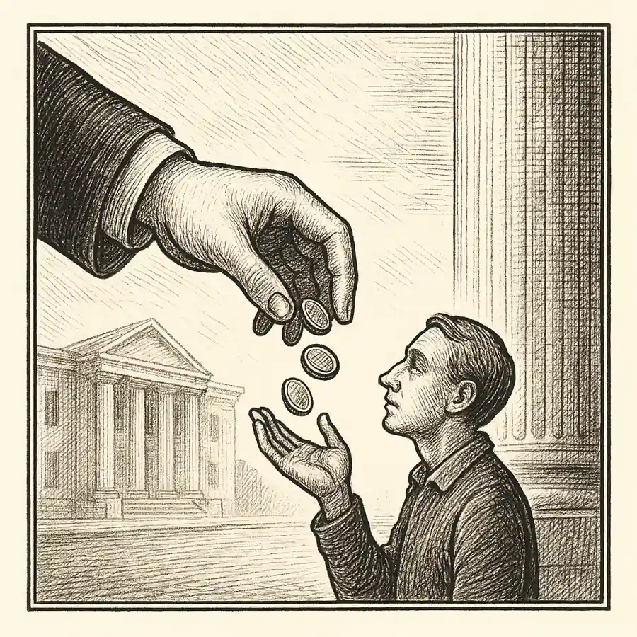 Ilustración en blanco y negro de una mano entregando monedas a una figura más pequeña