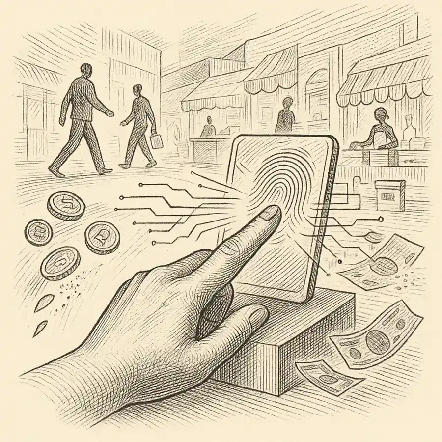 Pagos biométricos: libertad sin billetera ni miedos Ilustración que representa los pagos biométricos como símbolo de libertad y evolución del comercio sin dinero físico.