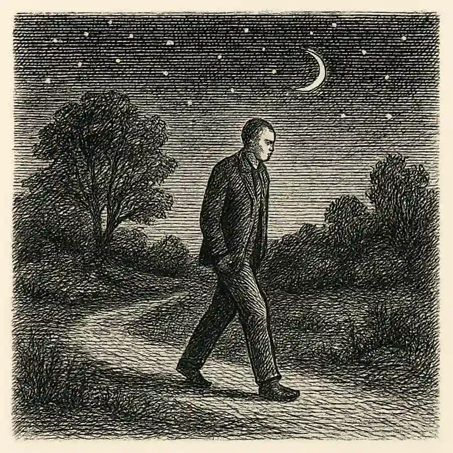 Paseo nocturno me enseña a pensar Ilustración en estilo grabado de un hombre caminando de noche bajo la luna y las estrellas, en un sendero solitario.