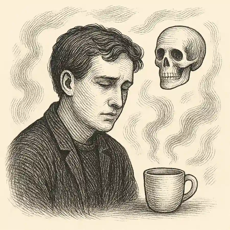 Hombre con gesto introspectivo junto a una calavera y una taza de café, símbolo de los pensamientos sobre la muerte.
