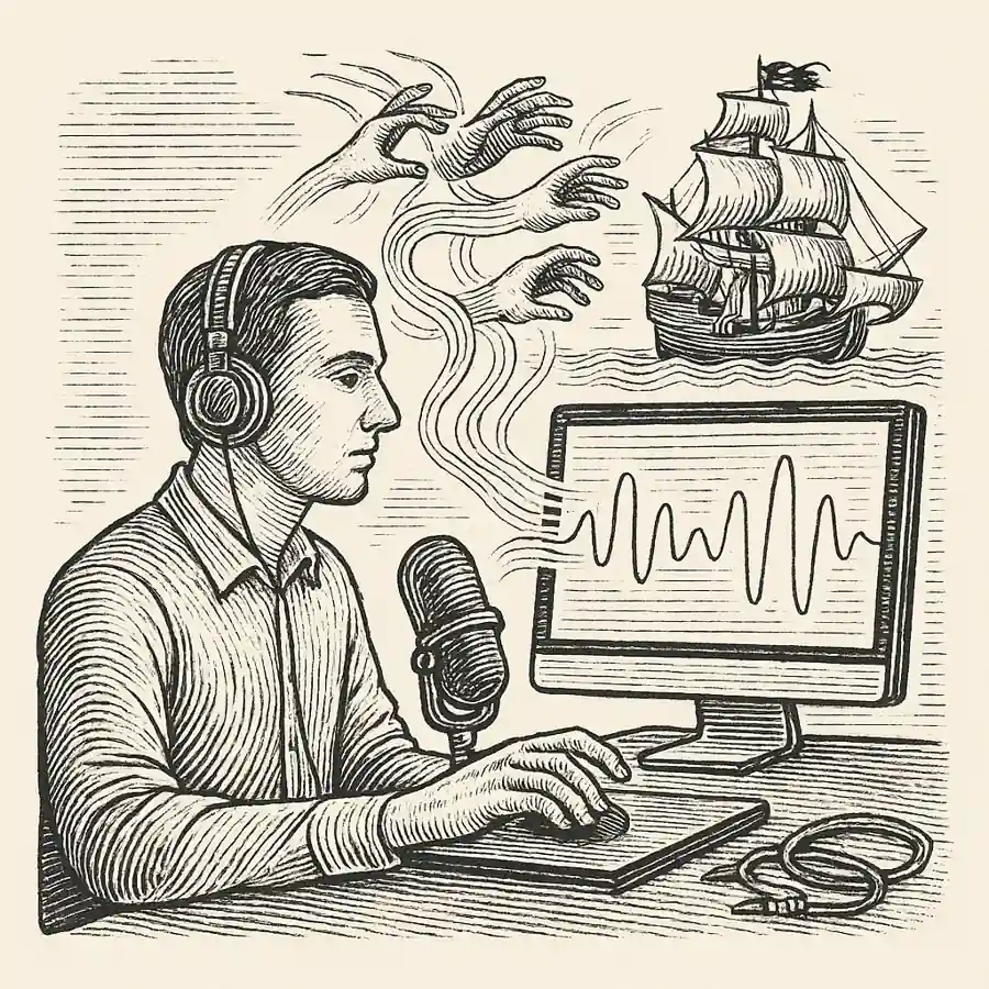 Ilustración que representa la piratería digital con un músico en su estudio y un barco pirata navegando entre las ondas sonoras.