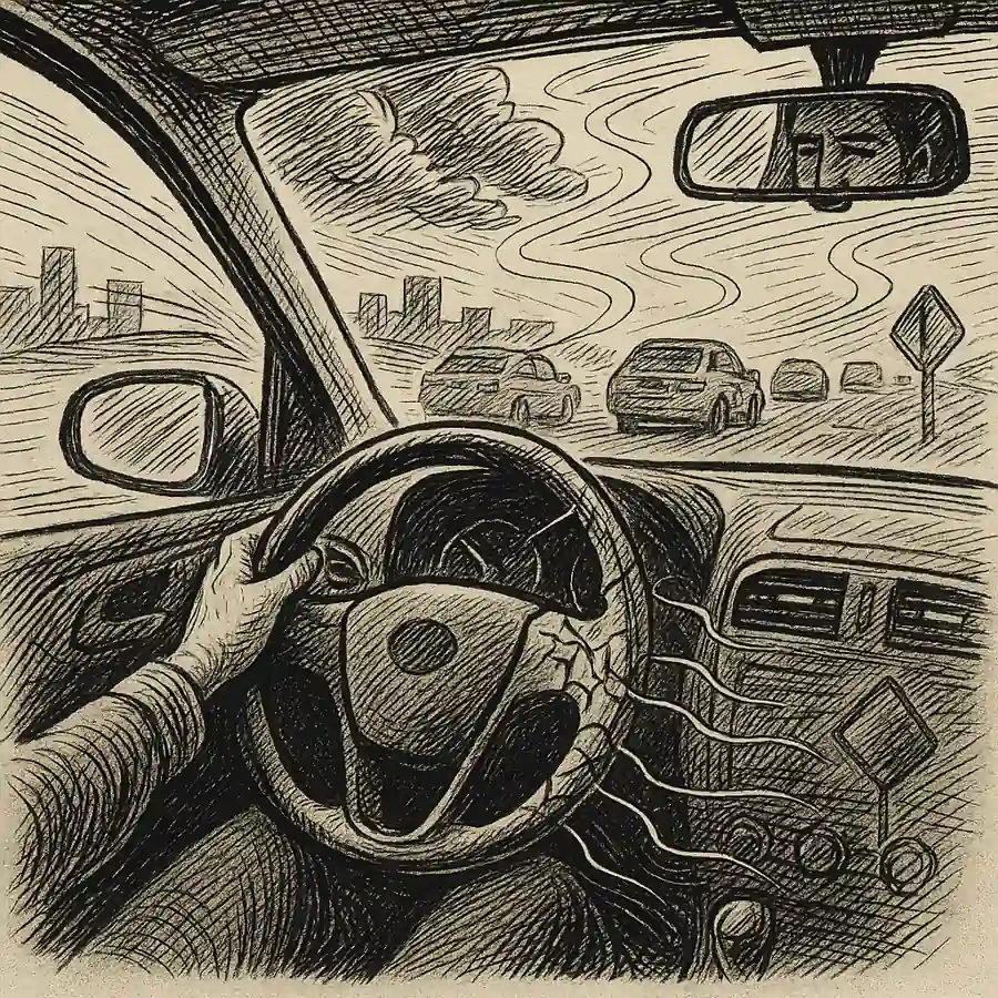 Por qué no les gusta conducir: ansiedad al volante Ilustración editorial en grabado que representa el estrés y la tensión como motivos de por qué no les gusta conducir