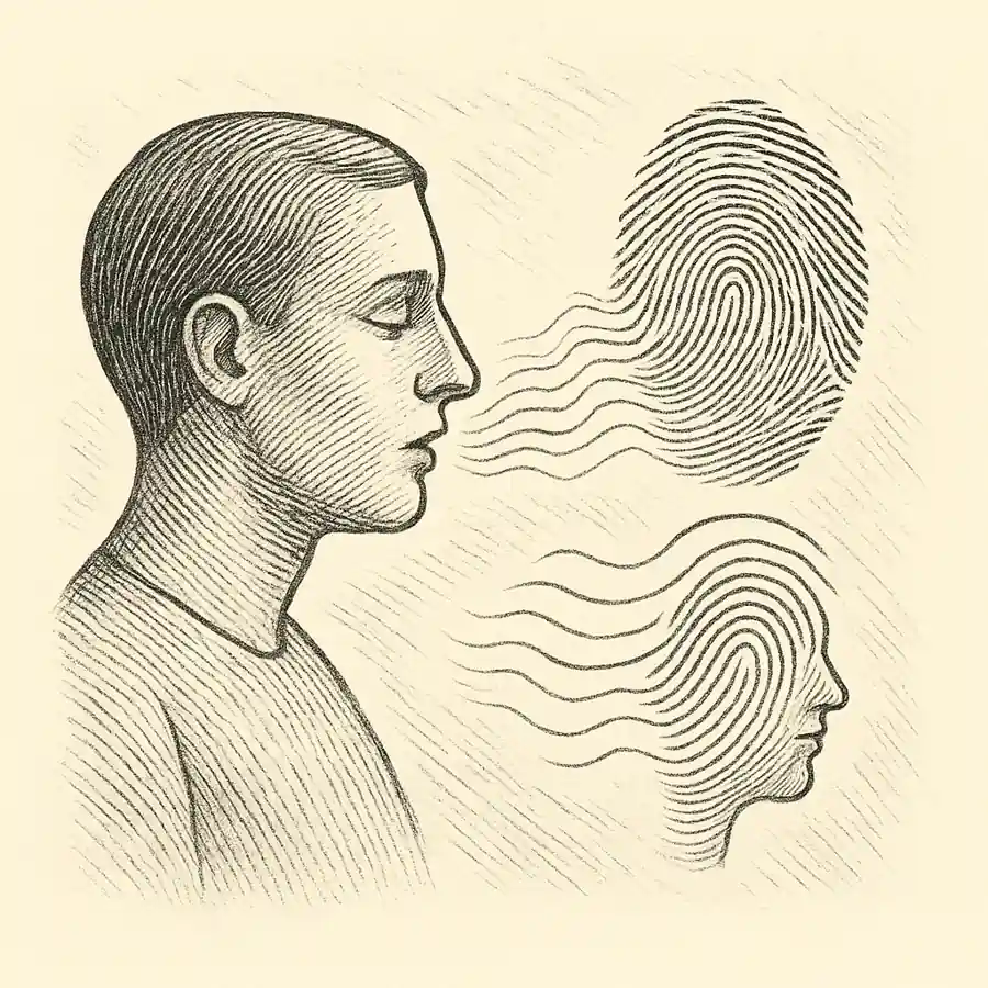Ilustración editorial en grabado de un perfil humano del que emergen ondas sonoras que se transforman en huellas e identidades
