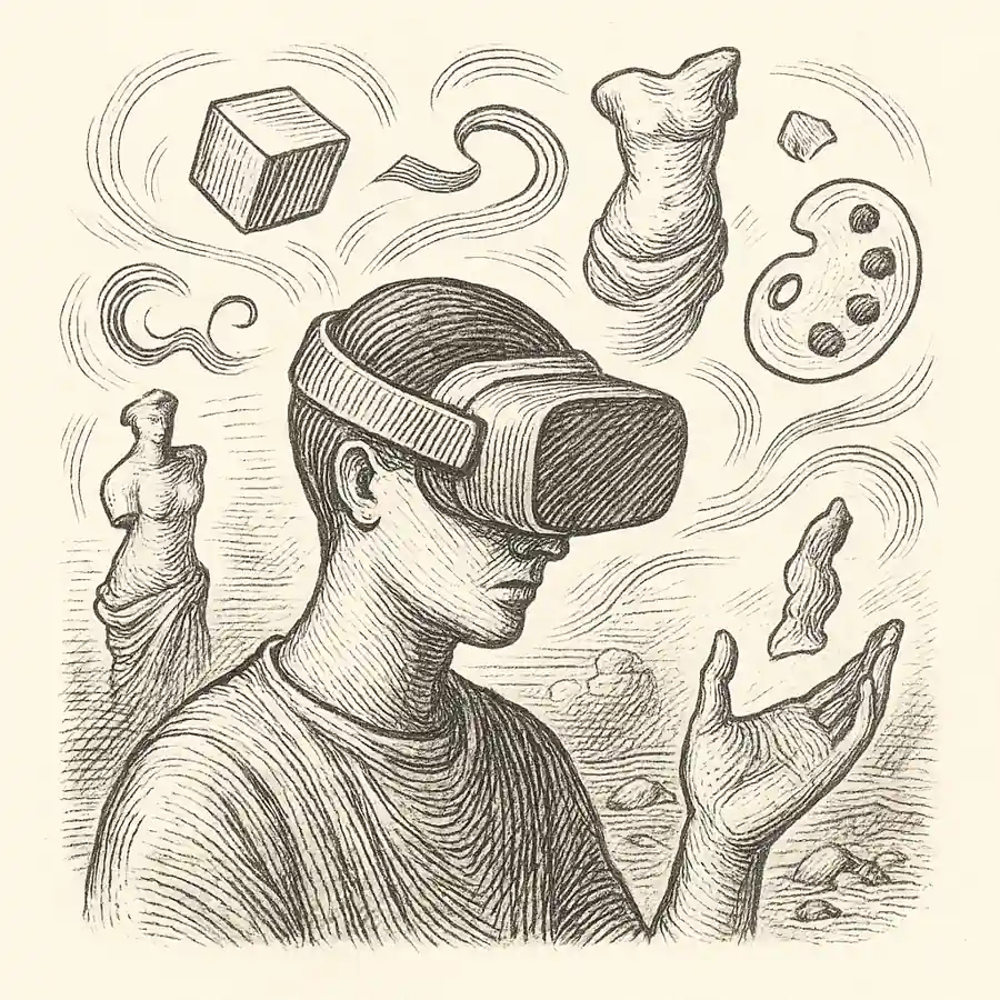 Ilustración editorial en grabado sobre la realidad virtual en el arte, con una persona usando casco VR y figuras artísticas flotantes