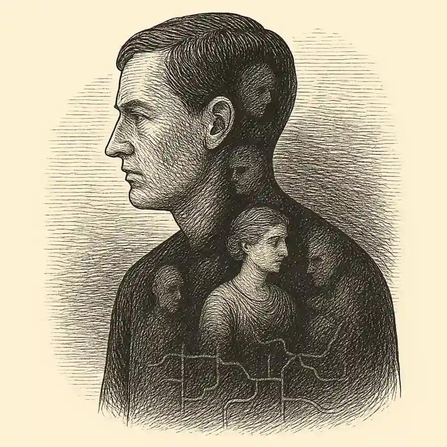 Figura humana con rostros y sombras en su interior que simbolizan los recuerdos ajenos que nos habitan.