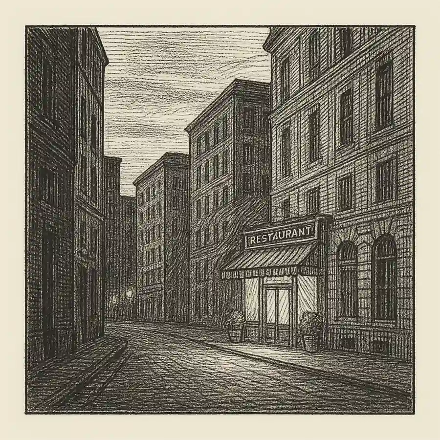 Ilustración en blanco y negro de un restaurante iluminado en una calle urbana