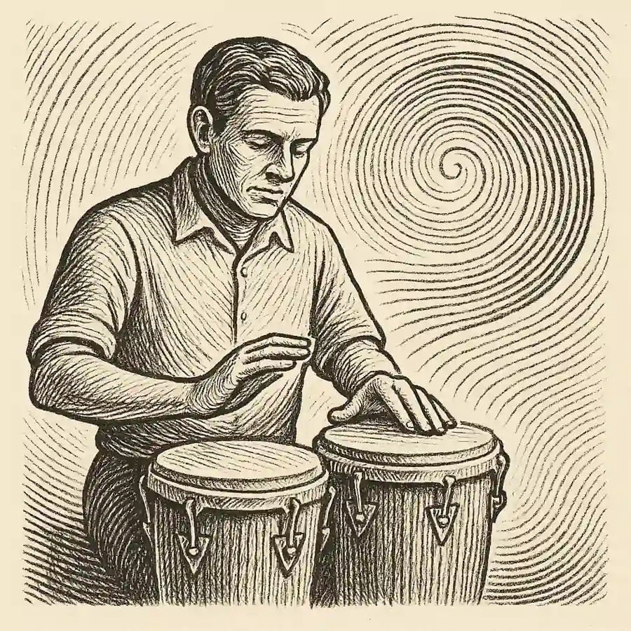 Ritmos de timba para ordenar ideas Ilustración en estilo grabado de un hombre tocando tambores, con ondas que simbolizan ritmo y claridad mental.