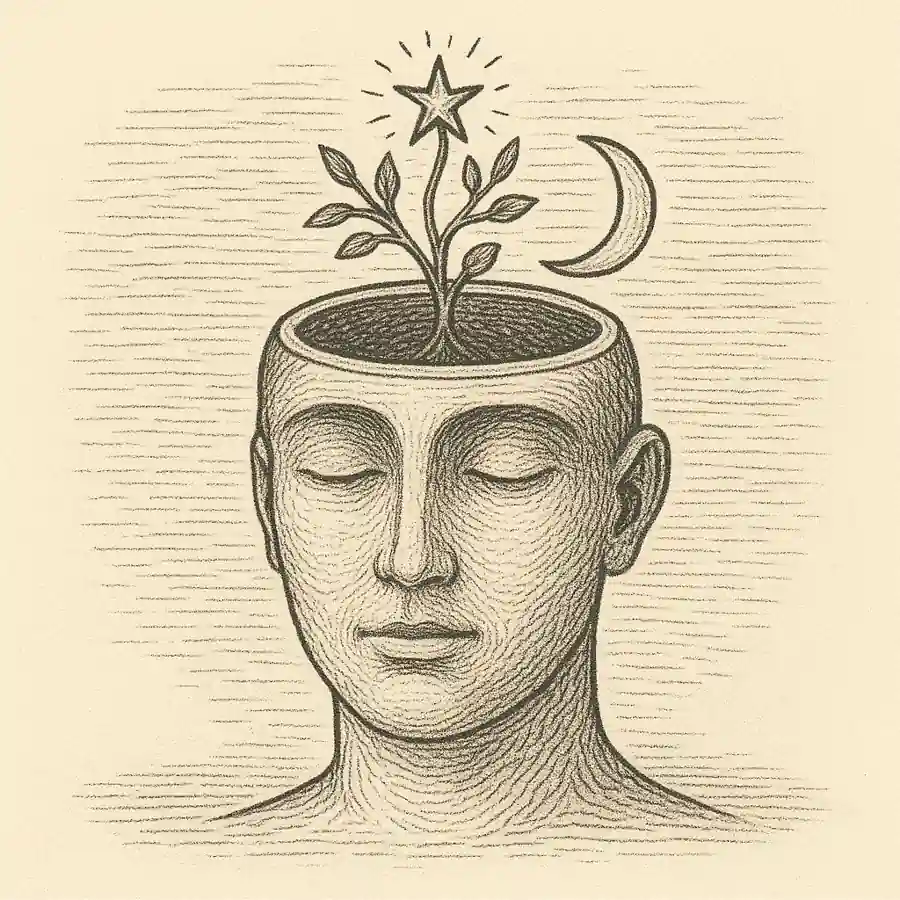 La salud mental como equilibrio entre sueño, vínculos y propósito Ilustración que simboliza la salud mental como un equilibrio entre sueño, vínculos y propósito, representada por una mente abierta y serena.