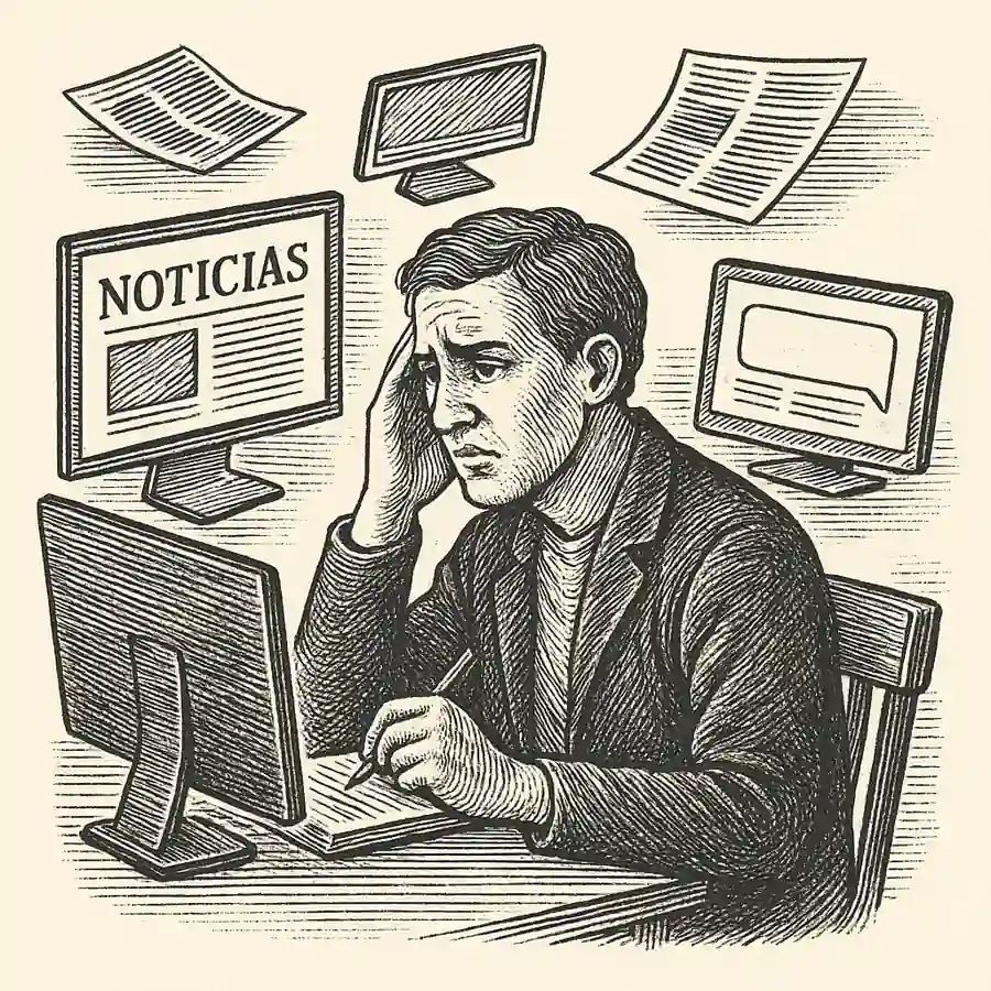 Persona abrumada frente a pantallas con la palabra “NOTICIAS”, símbolo de la sobrecarga informativa.