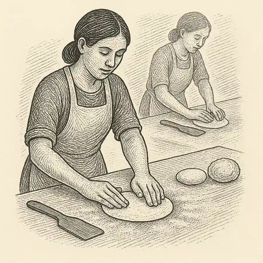 Tortilla hecha a mano: repetir hasta aprender Persona haciendo tortilla a mano en un proceso de repetición artística
