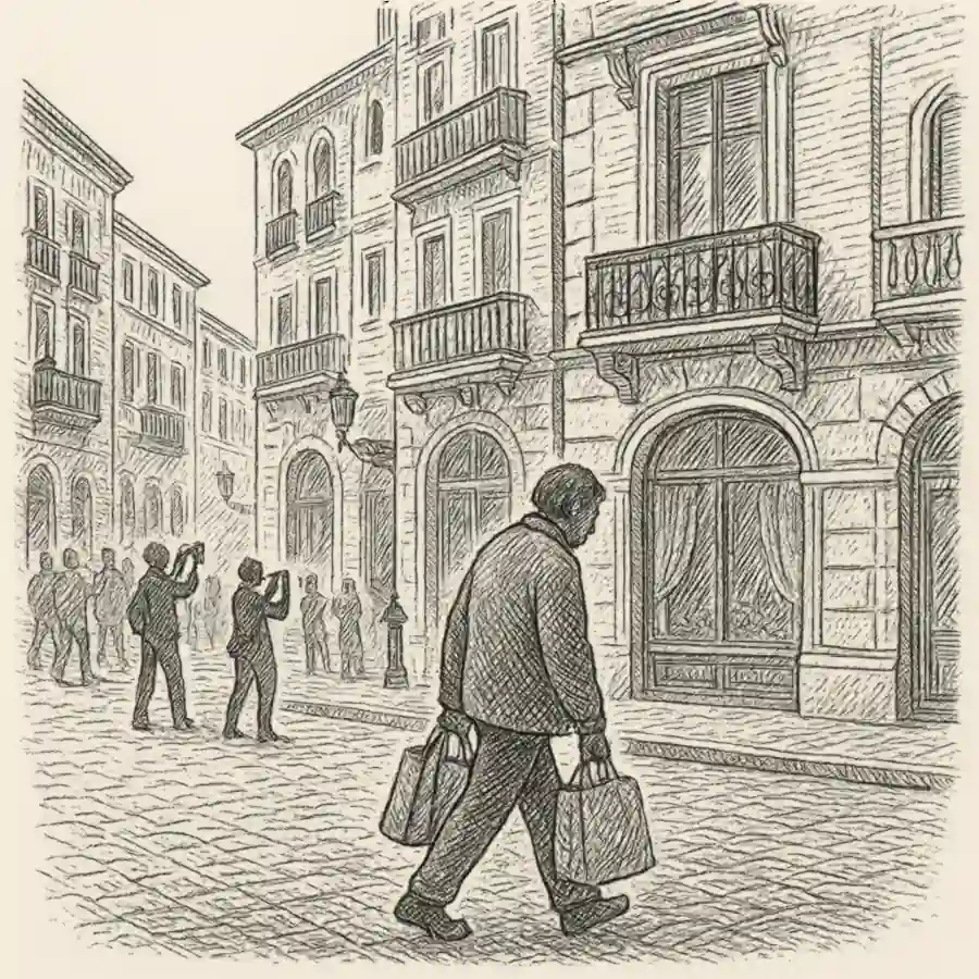 Turismo de masas y vecino invisible Ilustración en estilo grabado de ciudad con vecinos invisibles y turistas