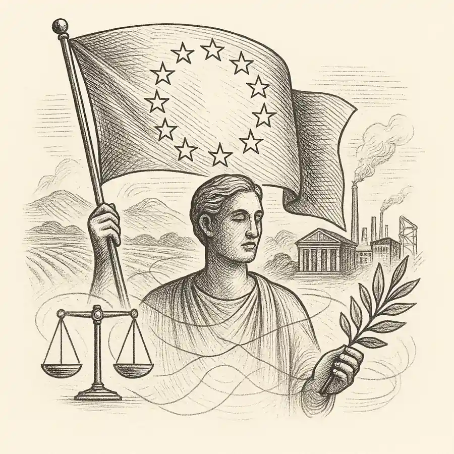 Ilustración editorial en grabado sobre la Unión Europea desde una mirada socialdemócrata, con figura sosteniendo bandera, balanza y rama de olivo
