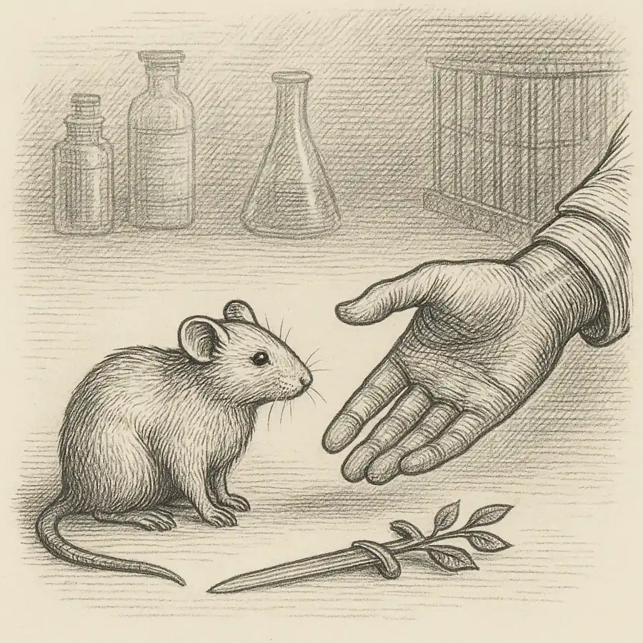 Uso de animales en experimentos: una mirada filosófica Ratón frente a una mano humana extendida, símbolo del dilema ético en los experimentos con animales.