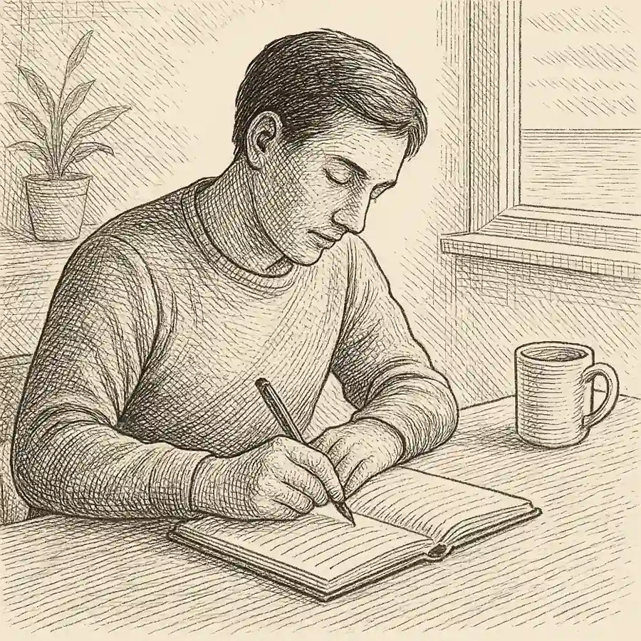 Verdades de gratitud en mi rutina diaria Persona escribiendo en su cuaderno mientras reflexiona con calma, símbolo de la gratitud cotidiana.