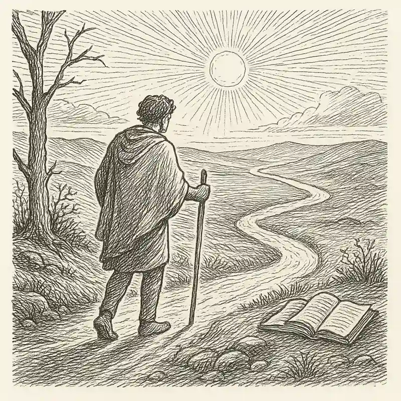 Visión filosófica de Franz Tamayo Viajero solitario avanza por un camino simbólico junto a un libro abierto, representación de la visión filosófica de Franz Tamayo.