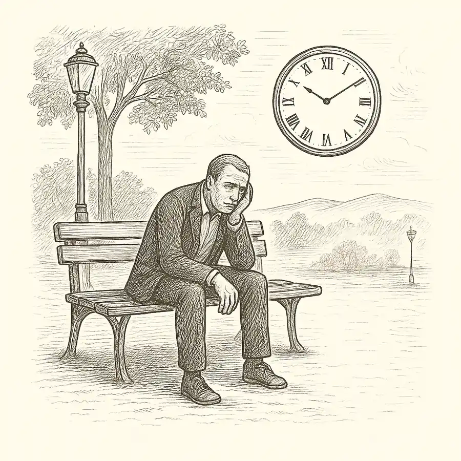 Ilustración en blanco y negro de una persona sentada en un banco bajo un árbol y un reloj, simbolizando el aburrimiento y el tiempo vacío.