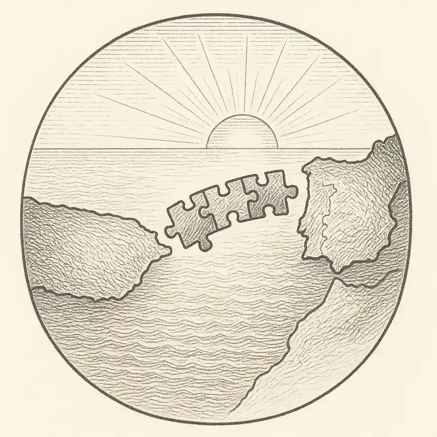 Grabado en blanco y negro de Puerto Rico y España unidos por un puente de piezas de rompecabezas