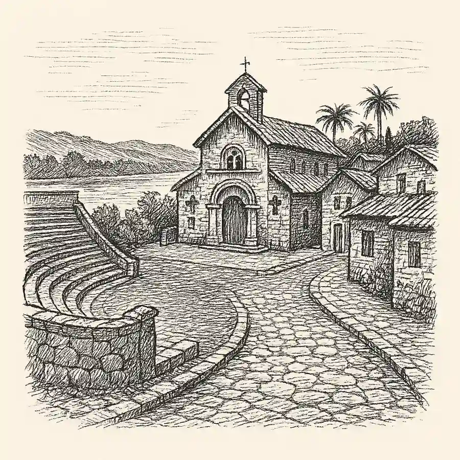 Ilustración estilo grabado de Altos de Chavón, con iglesia de piedra, anfiteatro y río al fondo.