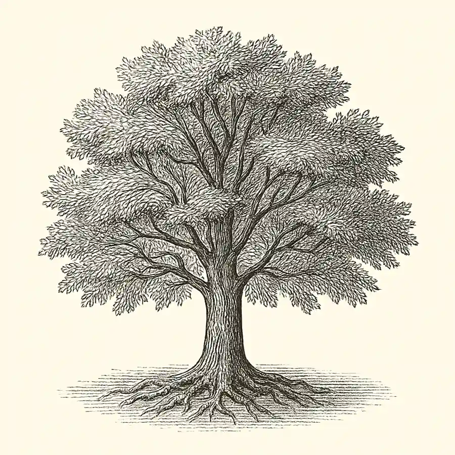 Árboles eficientes y quietud vital. Árbol robusto en estilo grabado clásico que representa quietud y eficiencia vital.