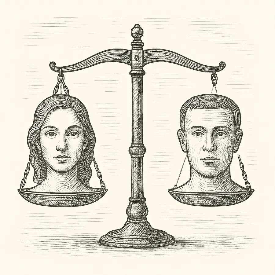 Belleza física: capital justo o trampa del sistema Ilustración en blanco y negro de una balanza antigua con un rostro atractivo en un platillo y un rostro común en el otro, simbolizando el valor de la belleza física.